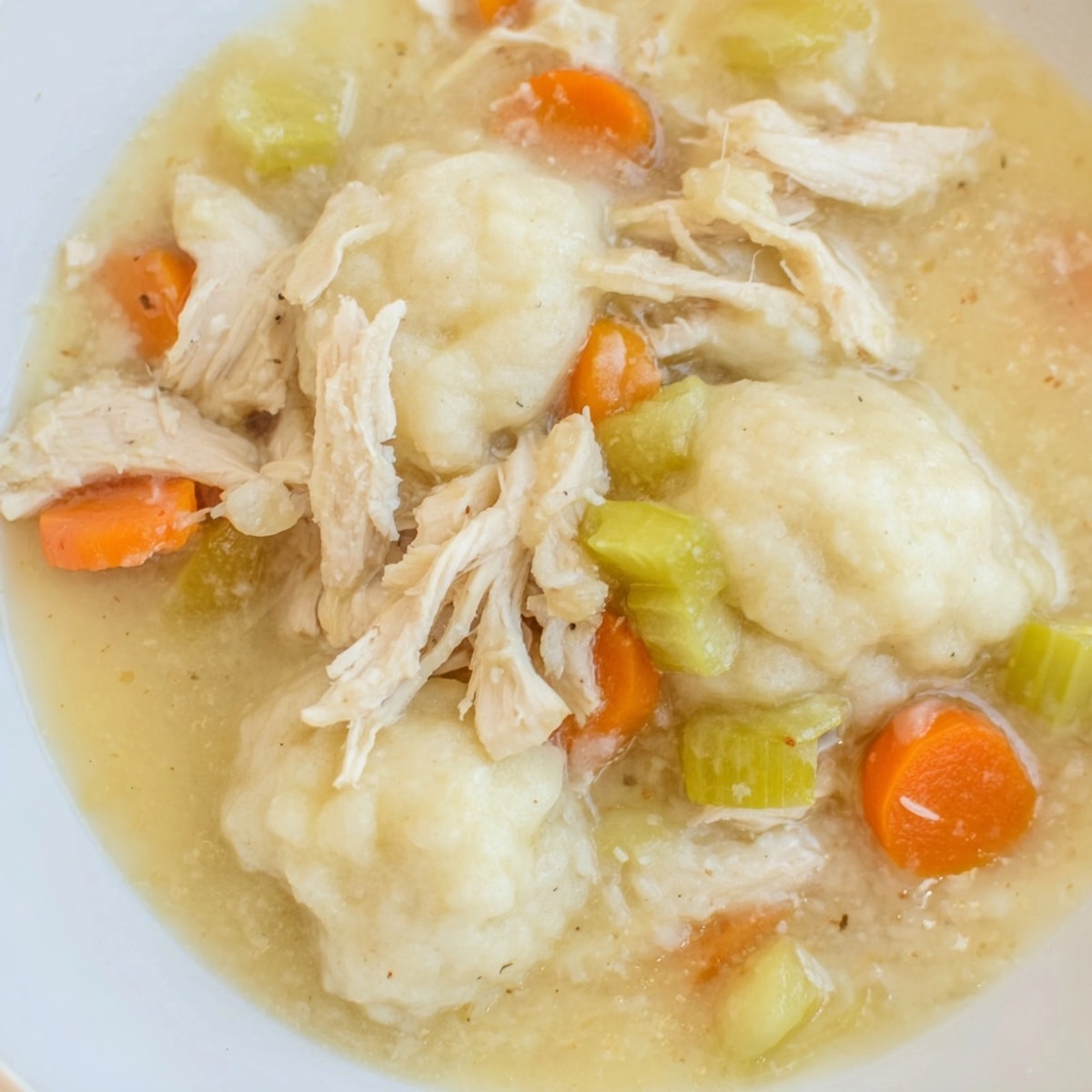 Comforting Chicken and Dumplings recipe; close-up shows the creamy deliciousness of the hearty stew.