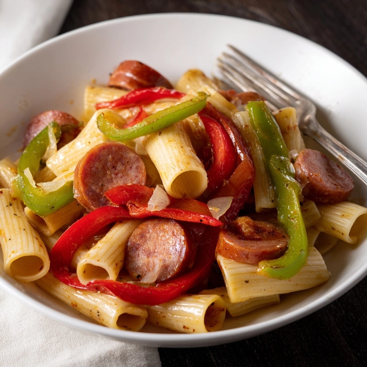 Easy one-pot Cajun sausage pasta, bubbling hot and ready to be served for dinner.
