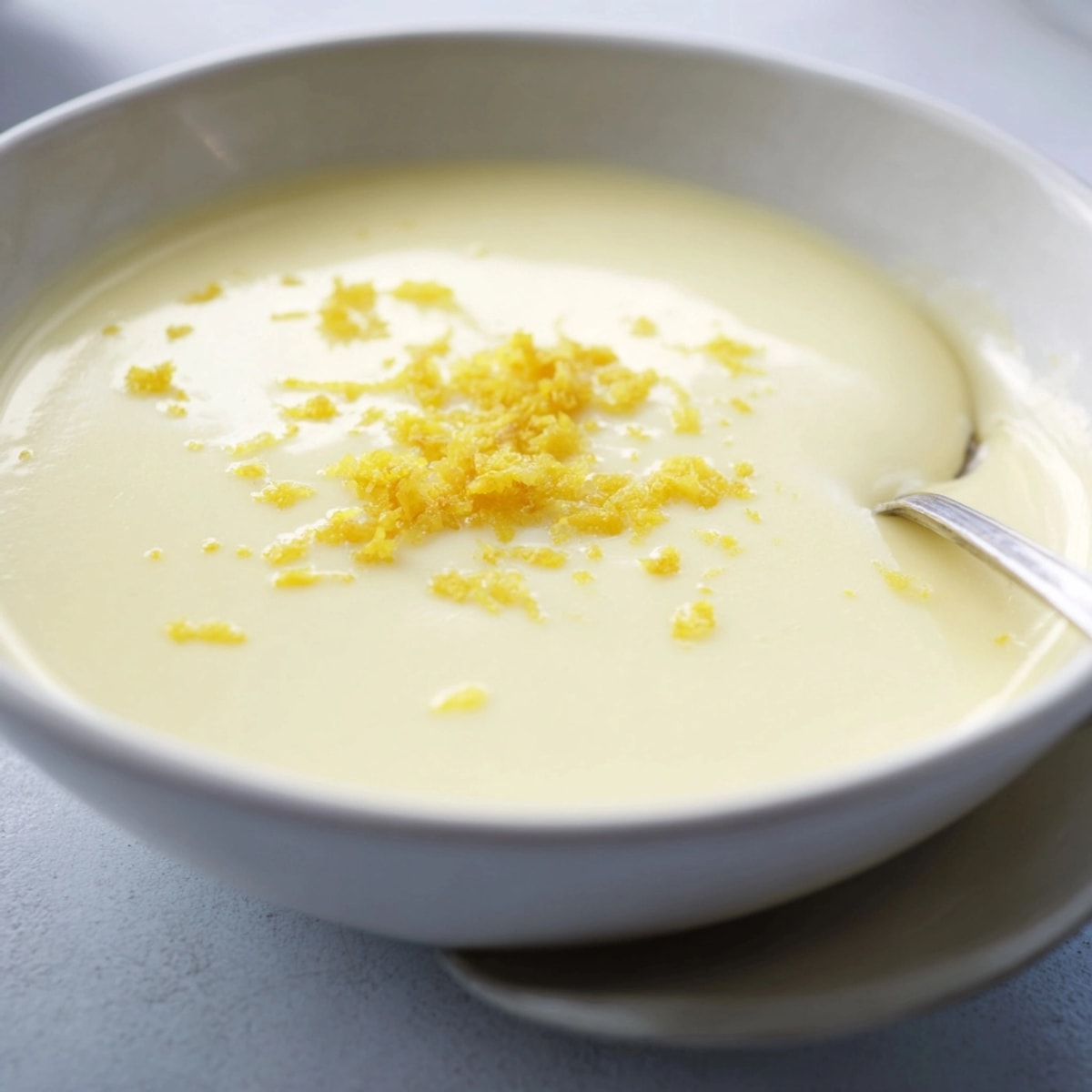 Homemade Lemon Posset, a simple British dessert, garnished with lemon zest on top.