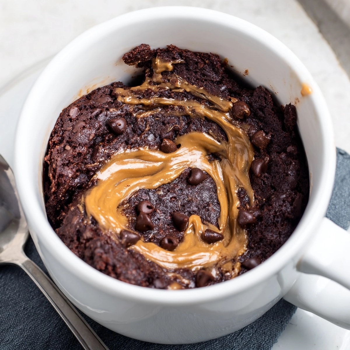 Warm, gooey Peanut Butter Chocolate Mug Cake, a decadent dessert ready in minutes.