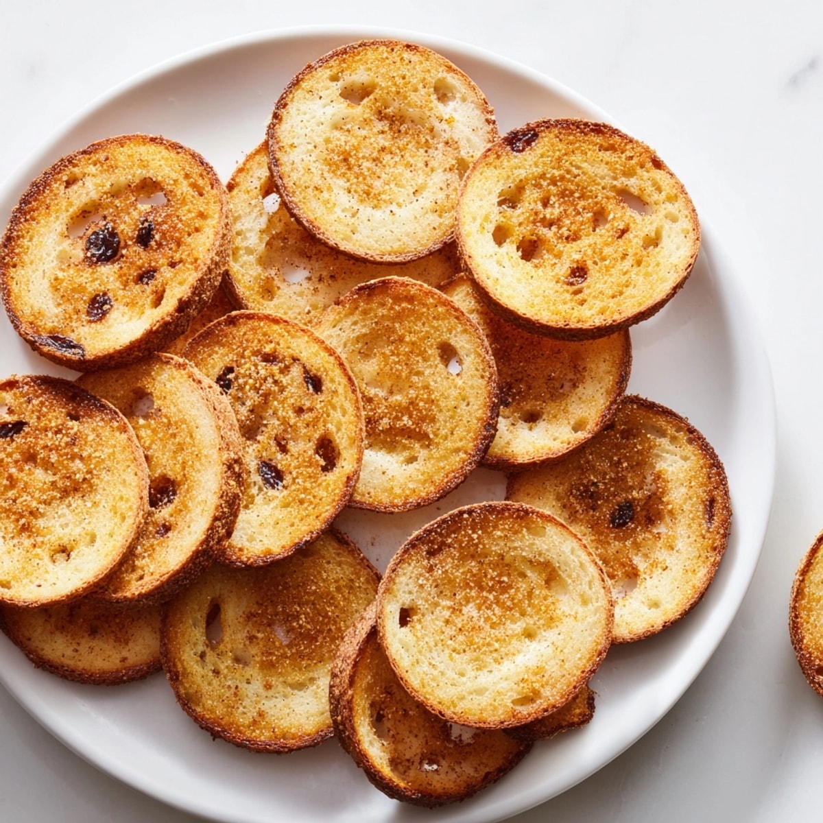 Warm, cinnamon-spiced Sweet Bagel Chips cooling; a simple snack or dessert treat.
