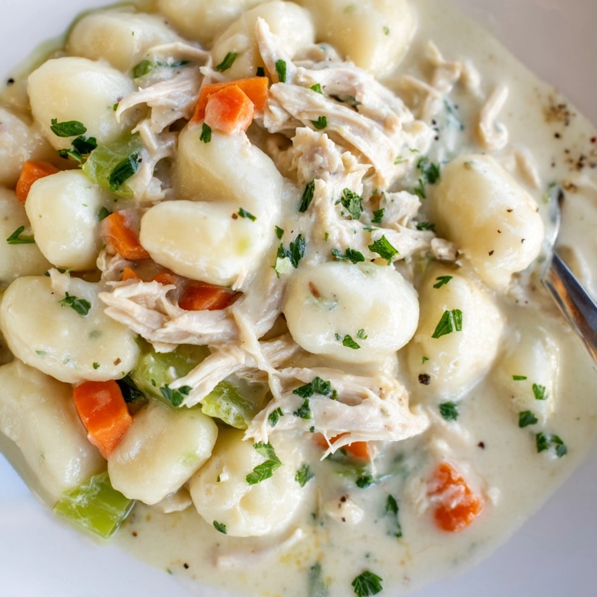 Creamy chicken and gnocchi dumplings recipe simmering gently, ready for a comforting dinner.