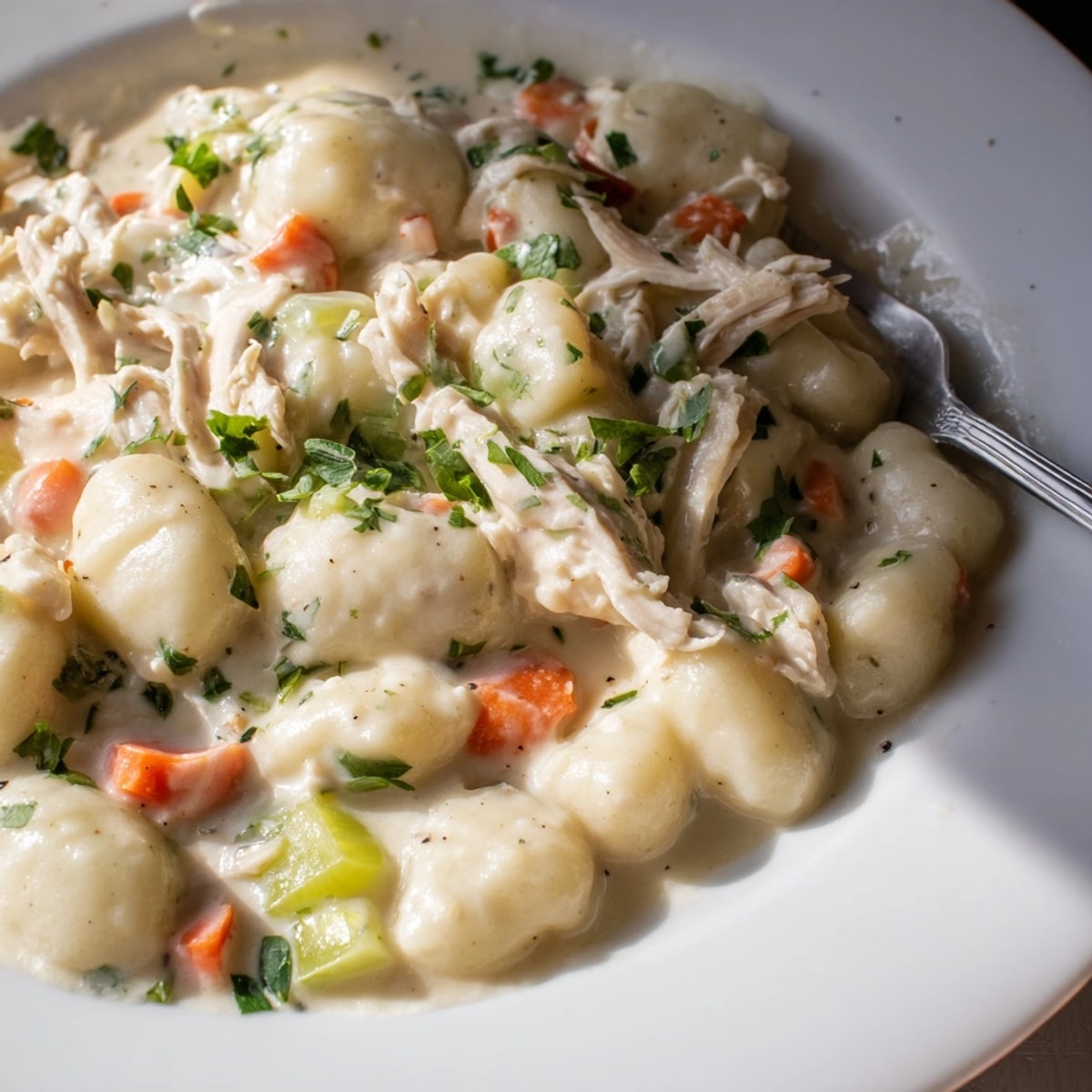 Homemade chicken &amp; gnocchi dumplings: golden-brown, fluffy gnocchi in a rich, savory sauce.