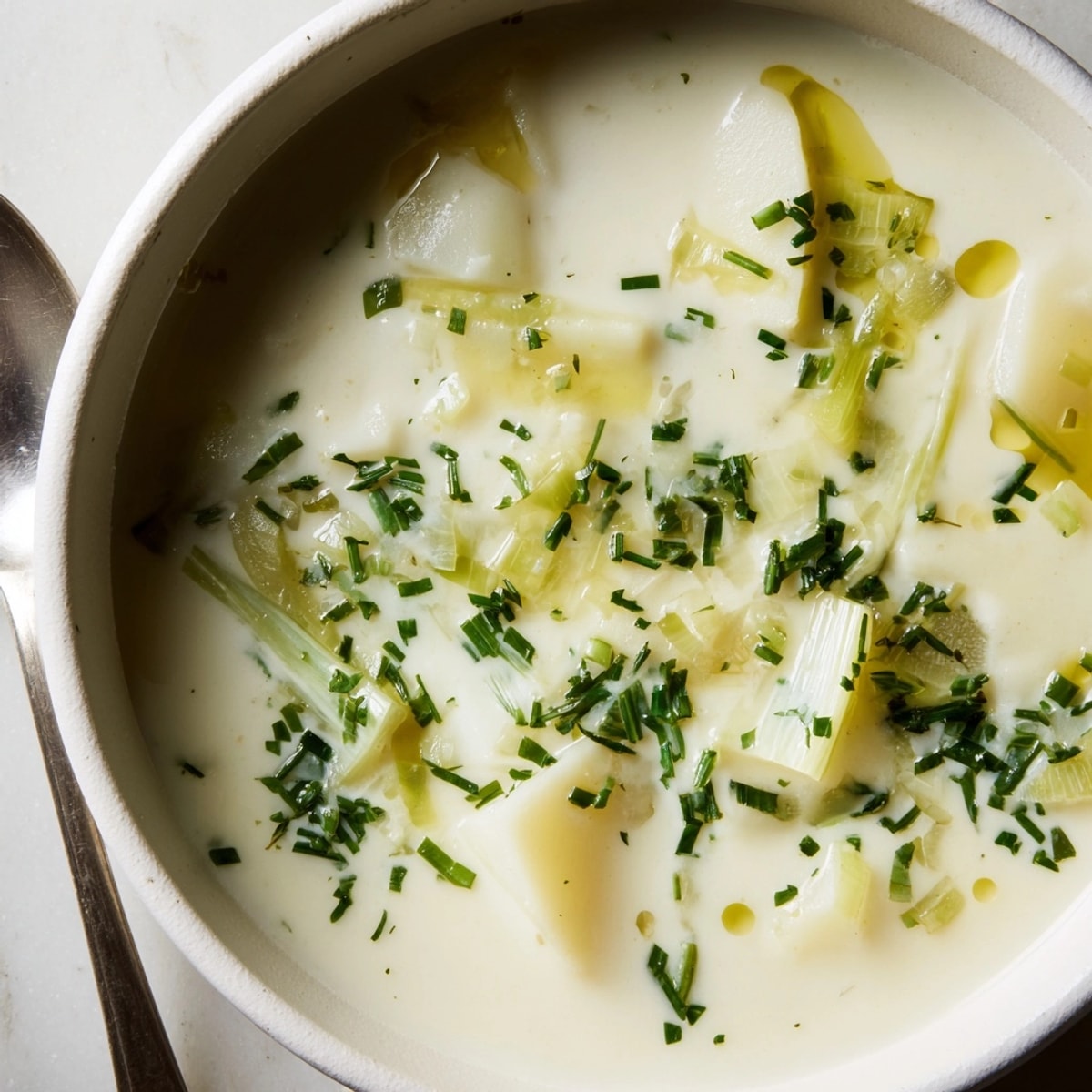 Creamy Potato Leek Soup: a comforting bowl of pureed vegetables with fresh herbs.