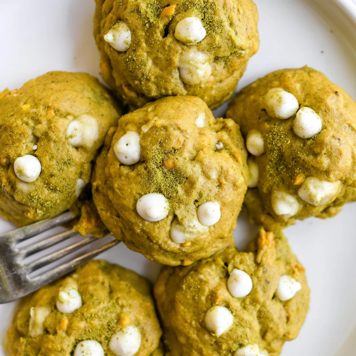 Fluffy matcha pumpkin muffin drop cookies drizzled with white chocolate for autumn bliss.  