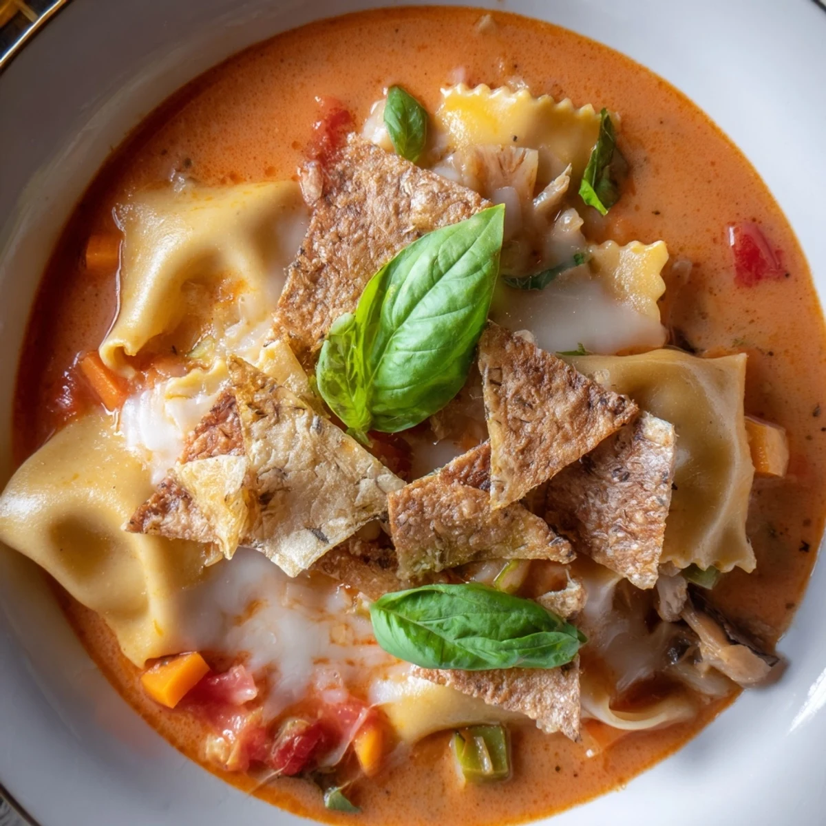 Hearty lasagne soup topped with crispy mushrooms and creamy cheese blend.  