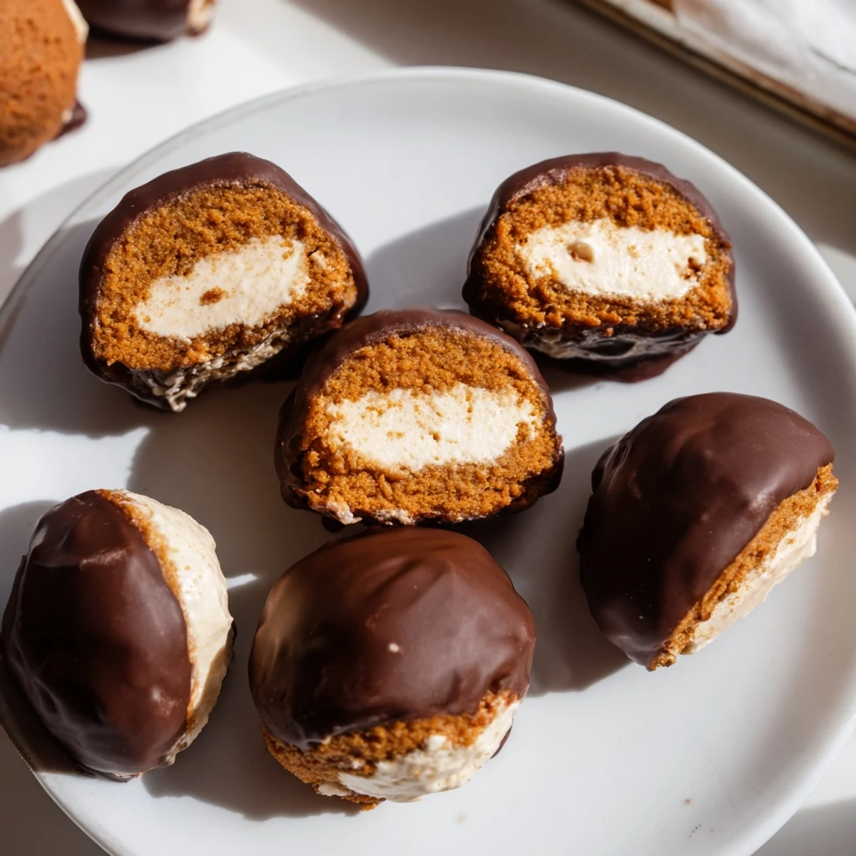 Gingerbread Pumpkin Muffin Ice Cream Bites topped with rich chocolate, perfect for festive events.  
