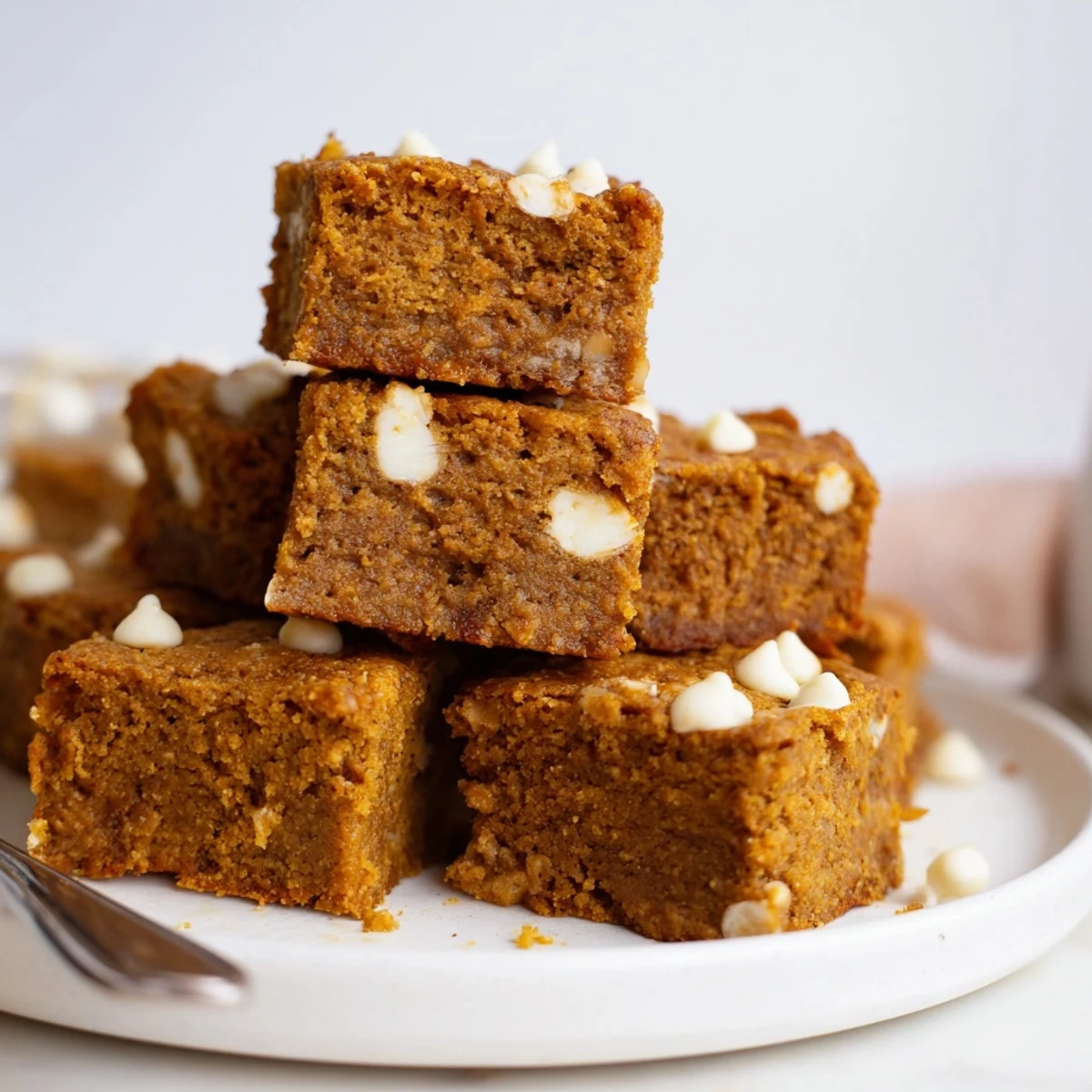 Moist pumpkin muffin white chocolate chip bars topped with creamy melt-in-your-mouth goodness.  