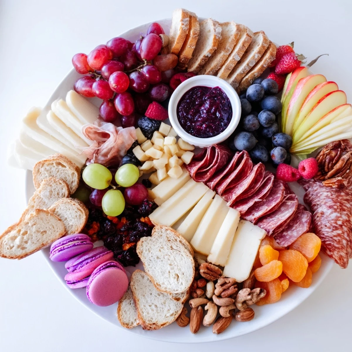 Elegant charcuterie spread with cured meats, cheeses, and delicious ube macarons.  