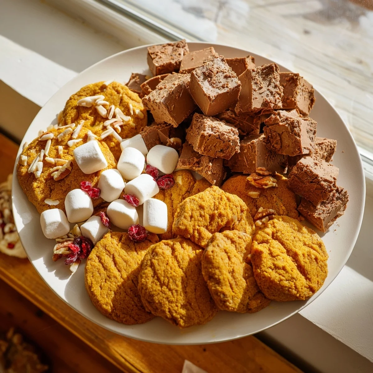 A festive Thanksgiving fudge cookie tray featuring assorted rich treats and vibrant colors.  