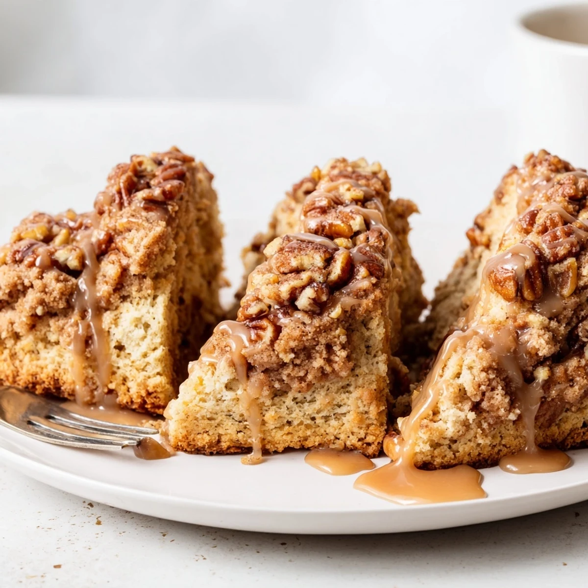 Buttery maple pecan coffee cake scones topped with crunchy cinnamon streusel and glaze.  