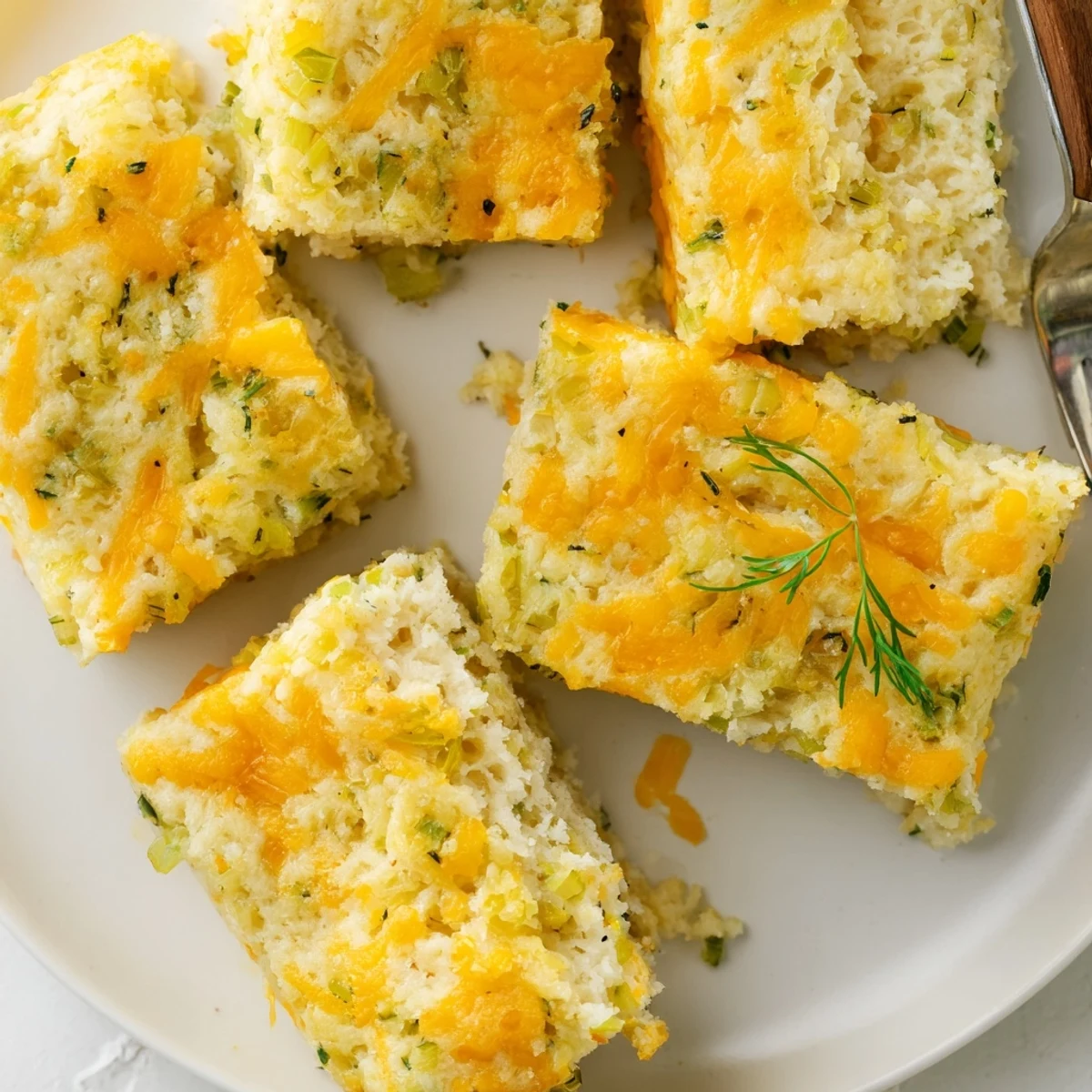 Fluffy Dill Pickle Pancake Muffin Bars drizzled with savory cheese and fresh dill.  