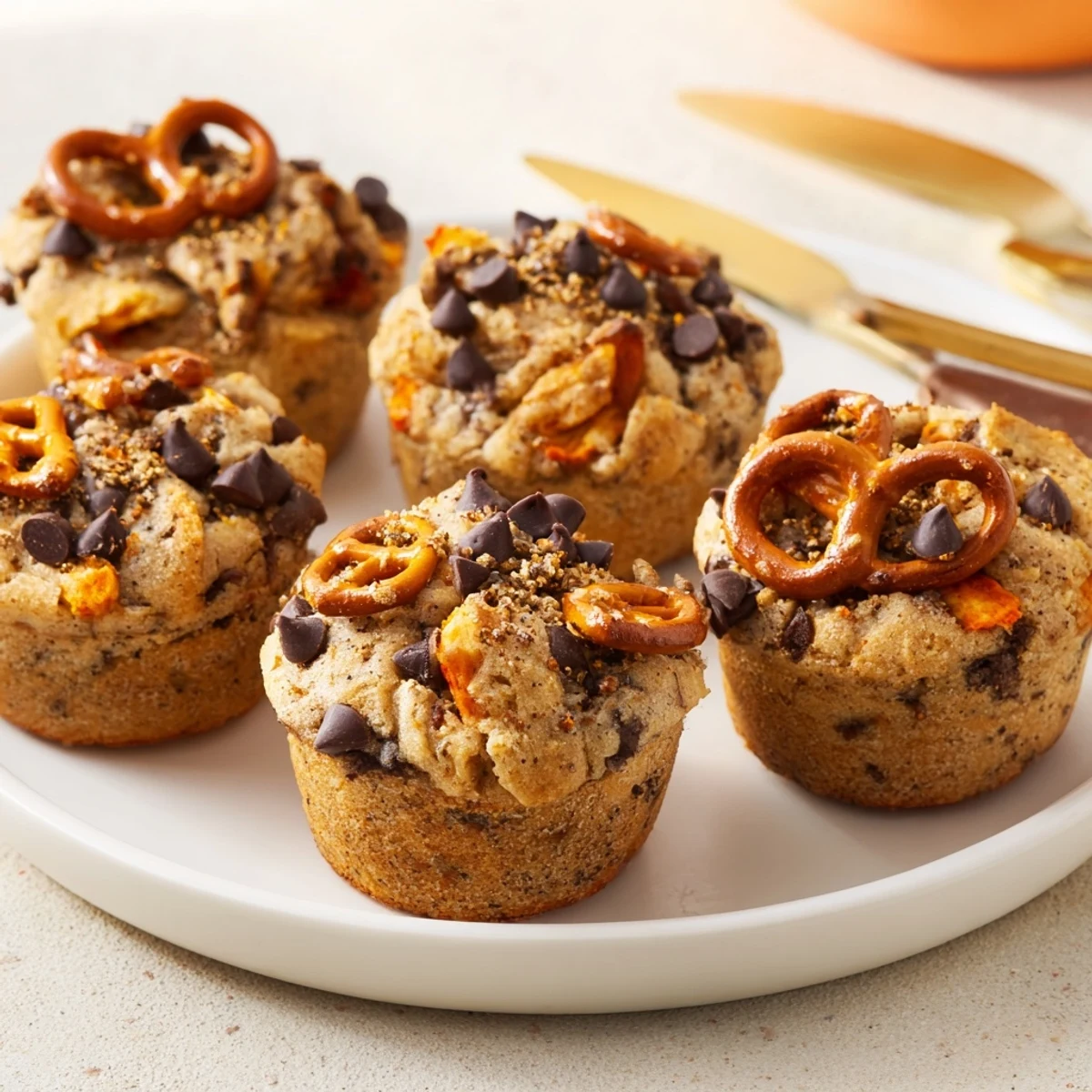 Flamin Hot Pretzel Cookie Muffins topped with chocolate chips and spicy pretzel pieces  