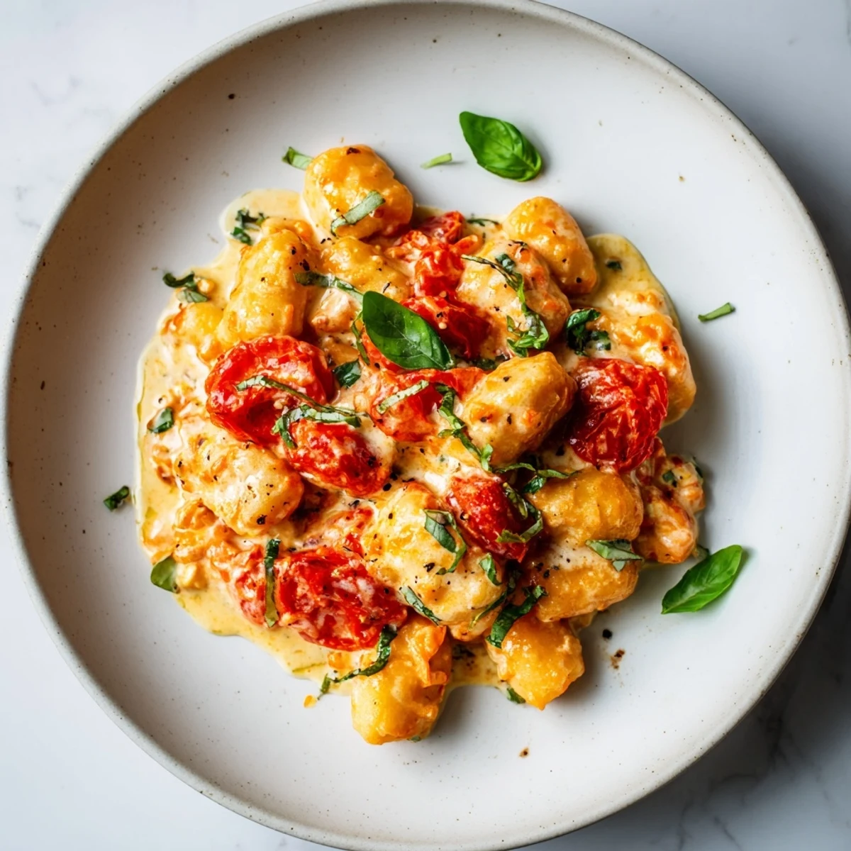 Delicious Baked Feta Gnocchi with roasted tomatoes and basil for a hearty meal.  