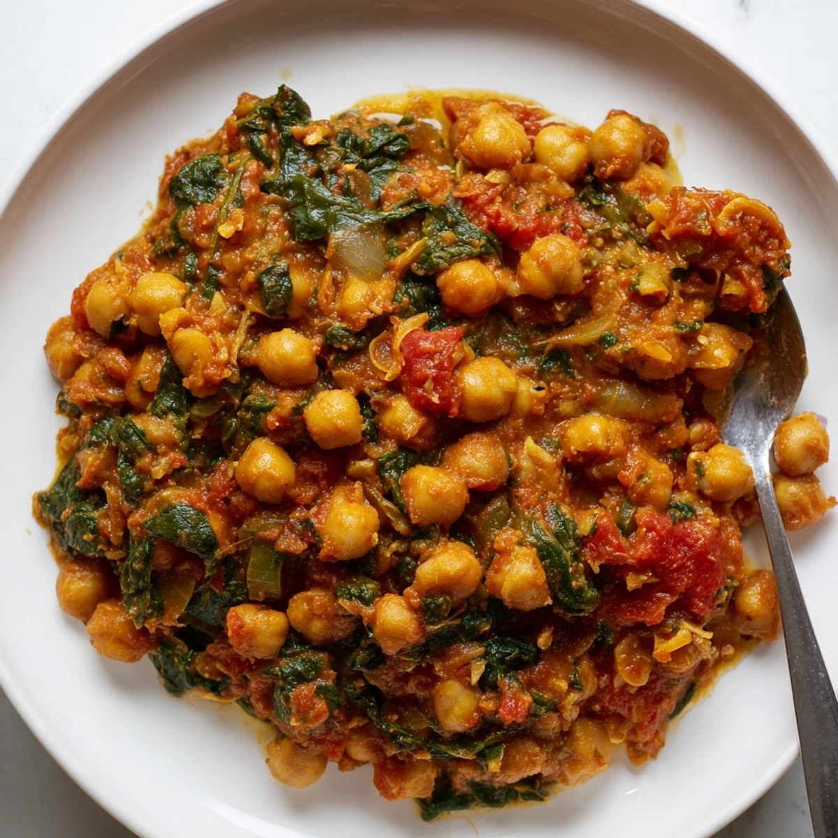 Hearty chickpea and spinach curry served with fragrant rice and fresh herbs.  