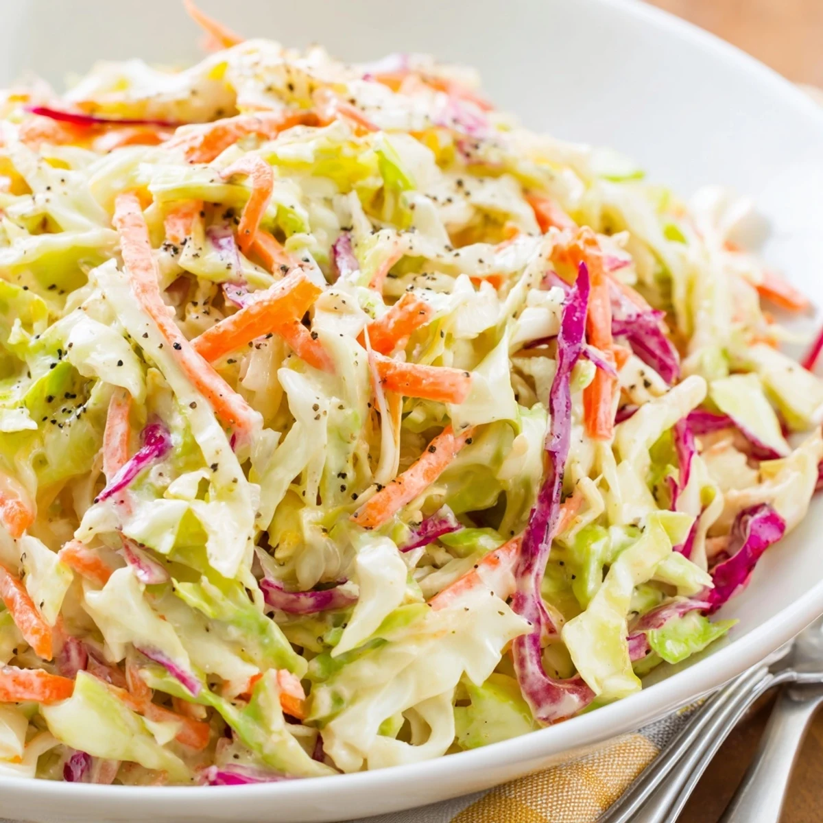 Delicious classic coleslaw, a vibrant mix of cabbage and carrots, ready to serve.  
