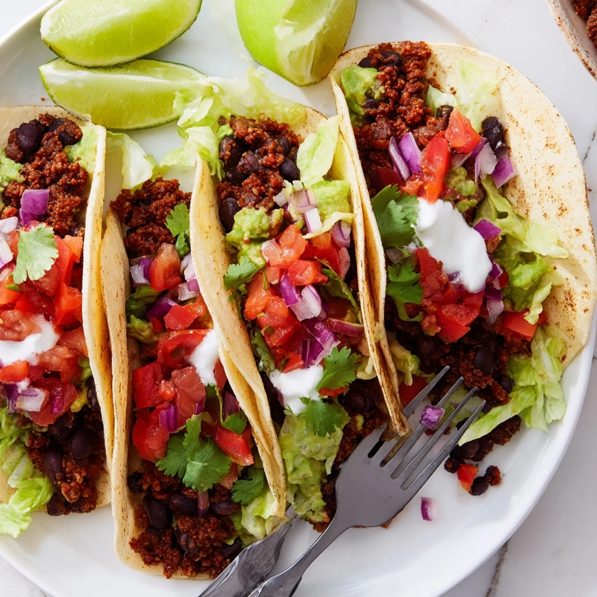 Quick and flavorful black bean tacos topped with zesty lime and fresh veggies.  