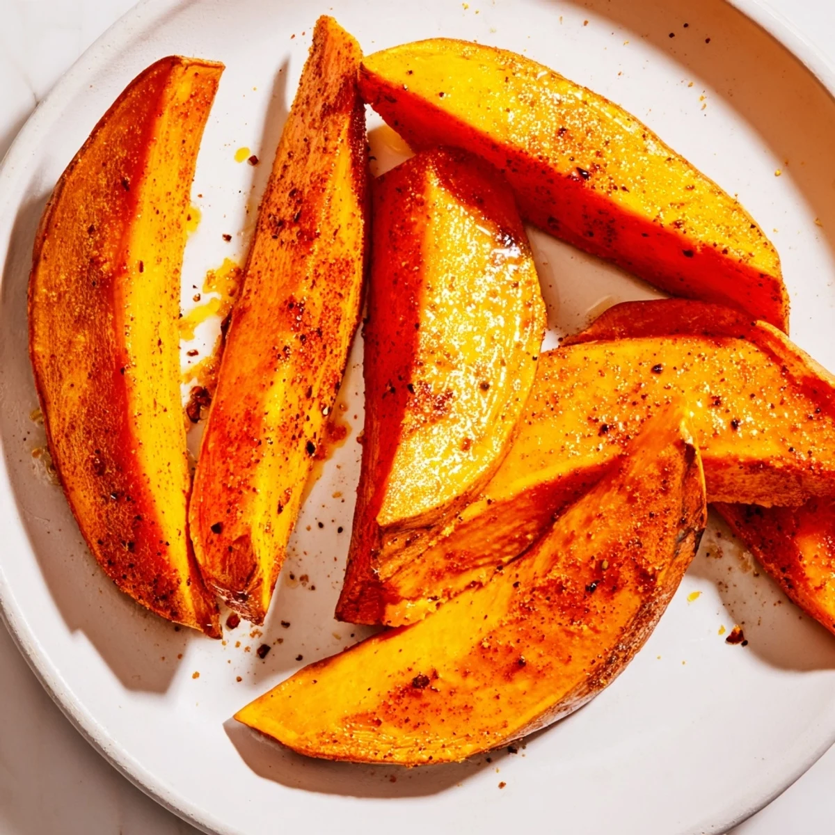 Golden baked sweet potato wedges, crispy on the edges with warm spices.  