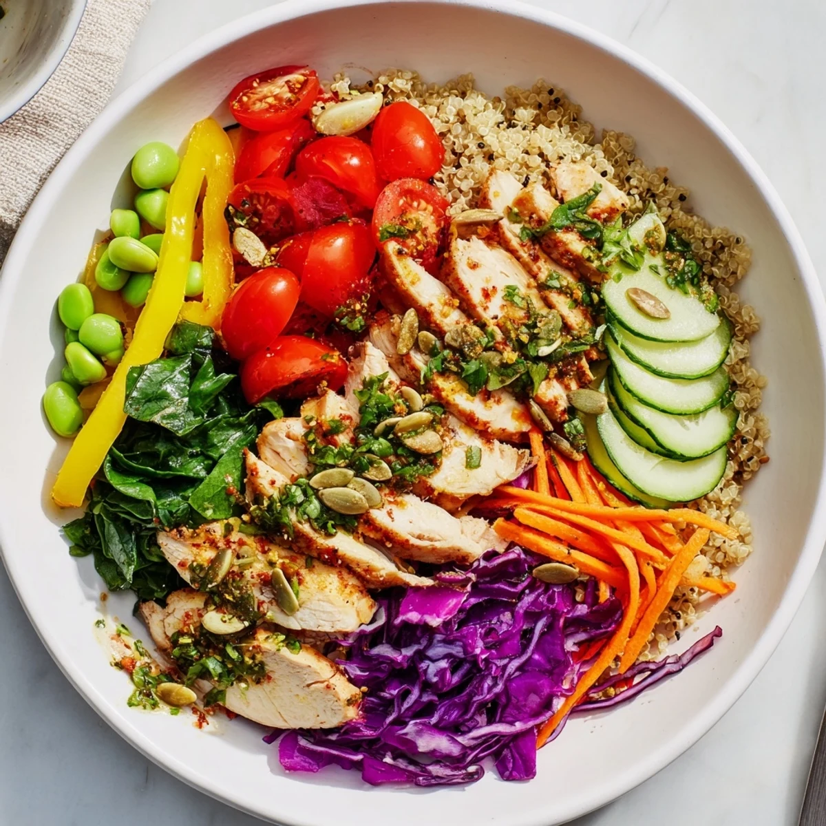 Vibrant Healthy Meal-Prep Bowls filled with colorful veggies and protein-rich quinoa layers.