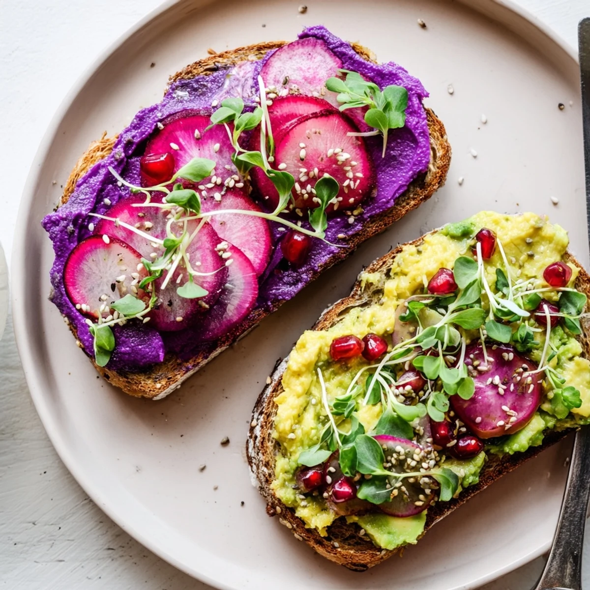 Bright & Bold Breakfast Toasts topped with ube, avocado, and fresh herbs for a colorful start.  