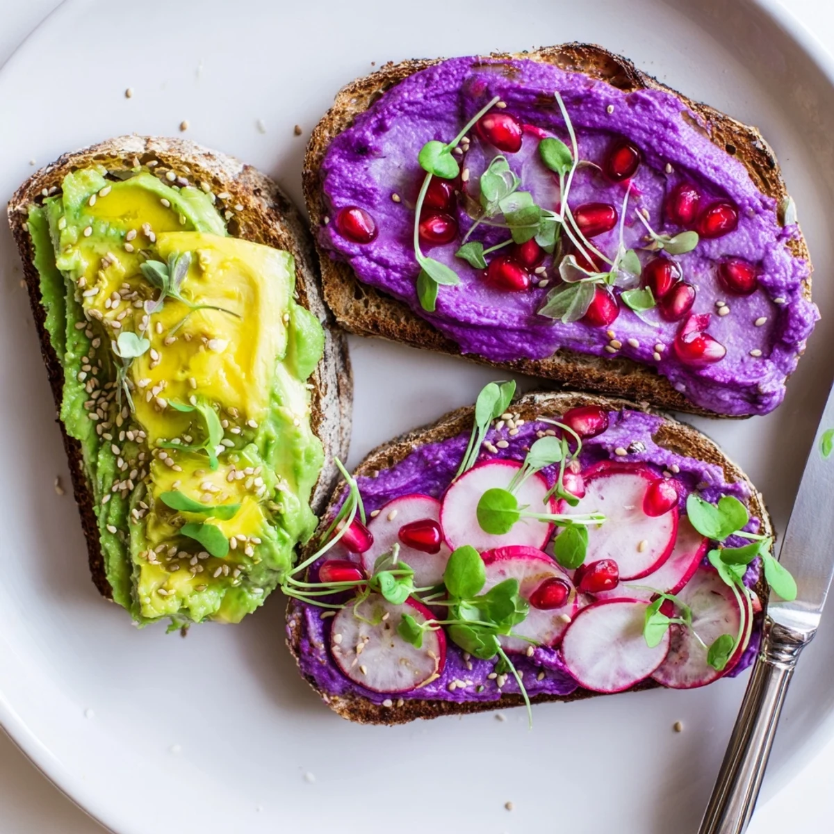 Delicious, eye-catching breakfast toasts featuring ube jam and fresh toppings for a tasty morning.