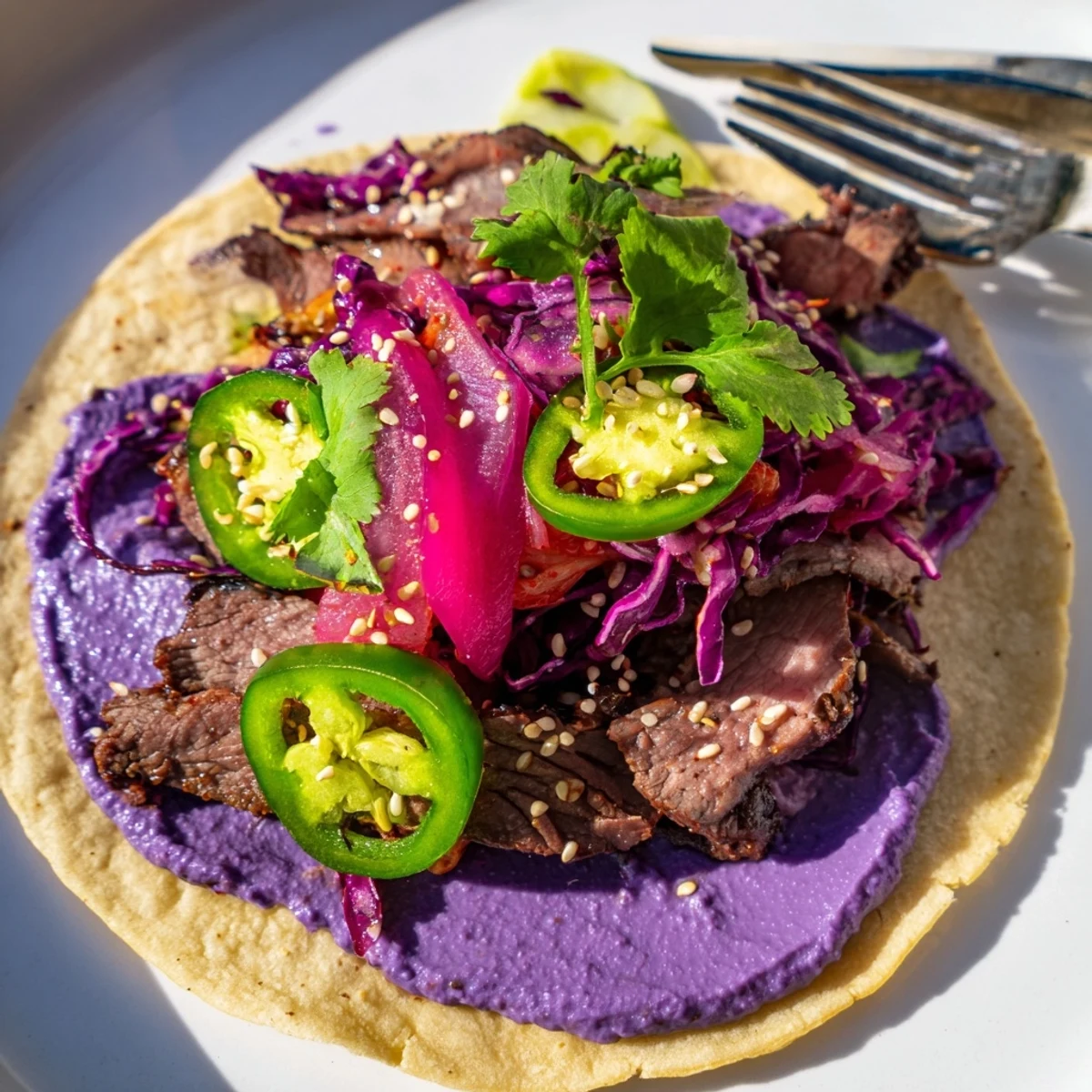 Vibrant Global Street-Food Fusion Tacos filled with savory beef, fresh toppings, and ube crema.  