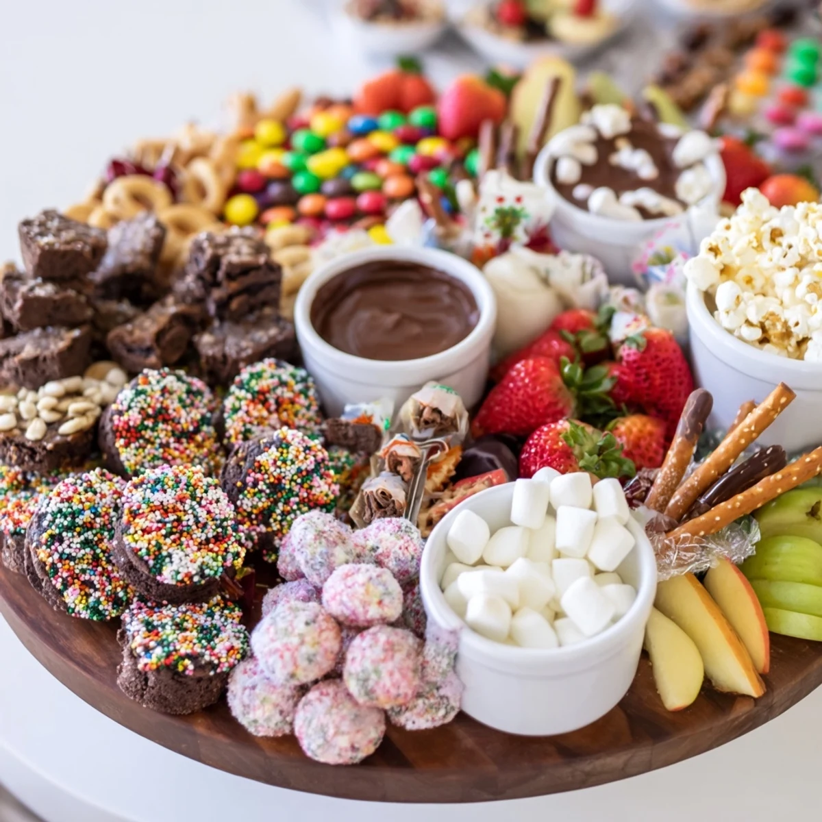Festive dessert board with chocolate-dipped pretzels, cookies, and colorful candies for festivities.