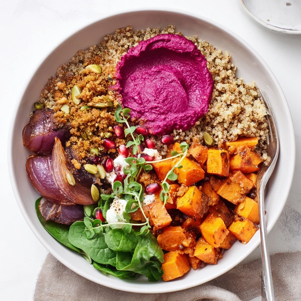 Delicious spiced winter bowls topped with roasted veggies and creamy ube-coconut purée.  