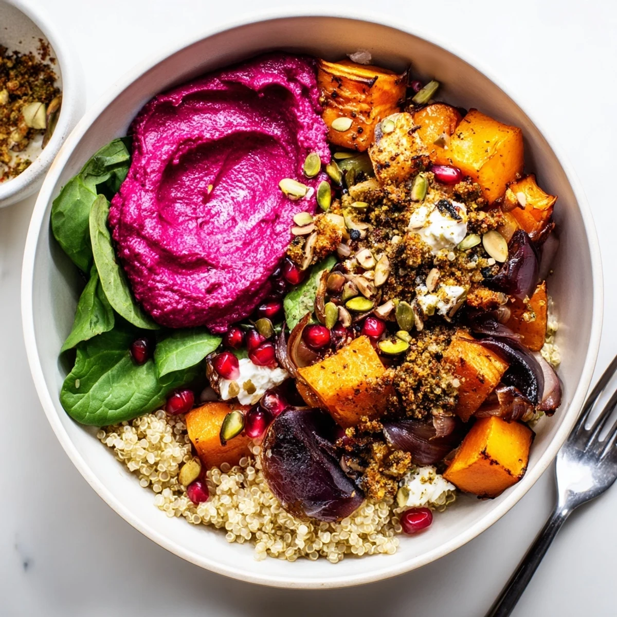 Nourishing spiced winter bowls featuring vibrant roasted vegetables and a sweet pistachio crumble.  
