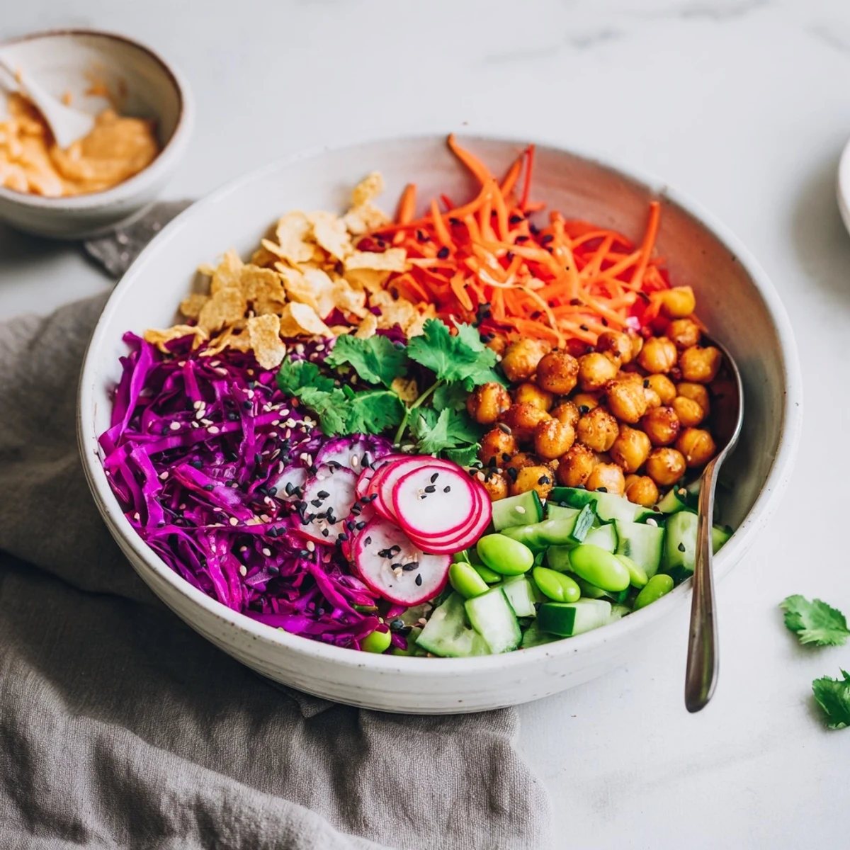 Vibrant ASMR Crunch Snack Bowls filled with colorful veggies and crispy toppings.  