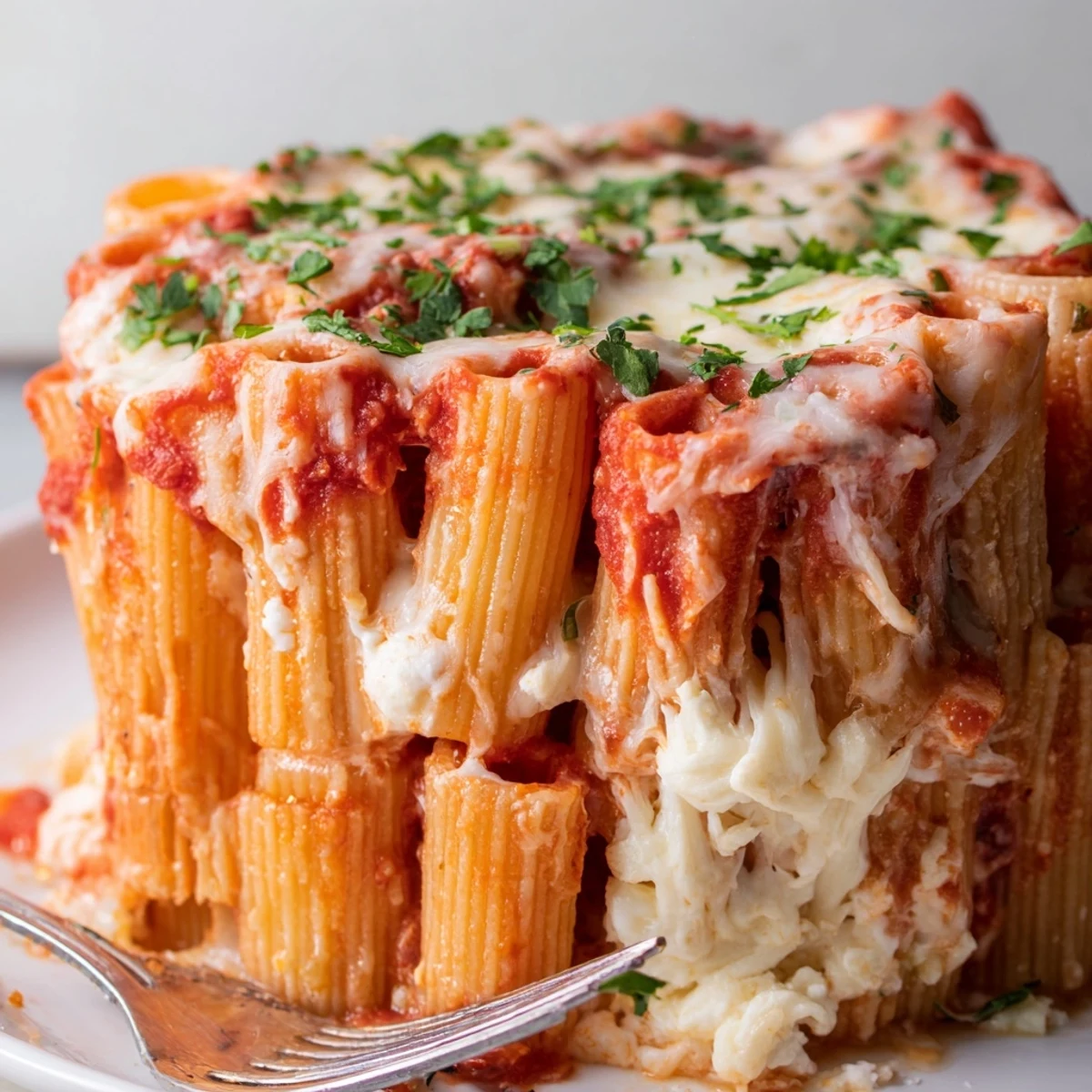 Cheesy Honeycomb Pasta Cake standing tall, drizzled with tangy tomato sauce and herbs.  