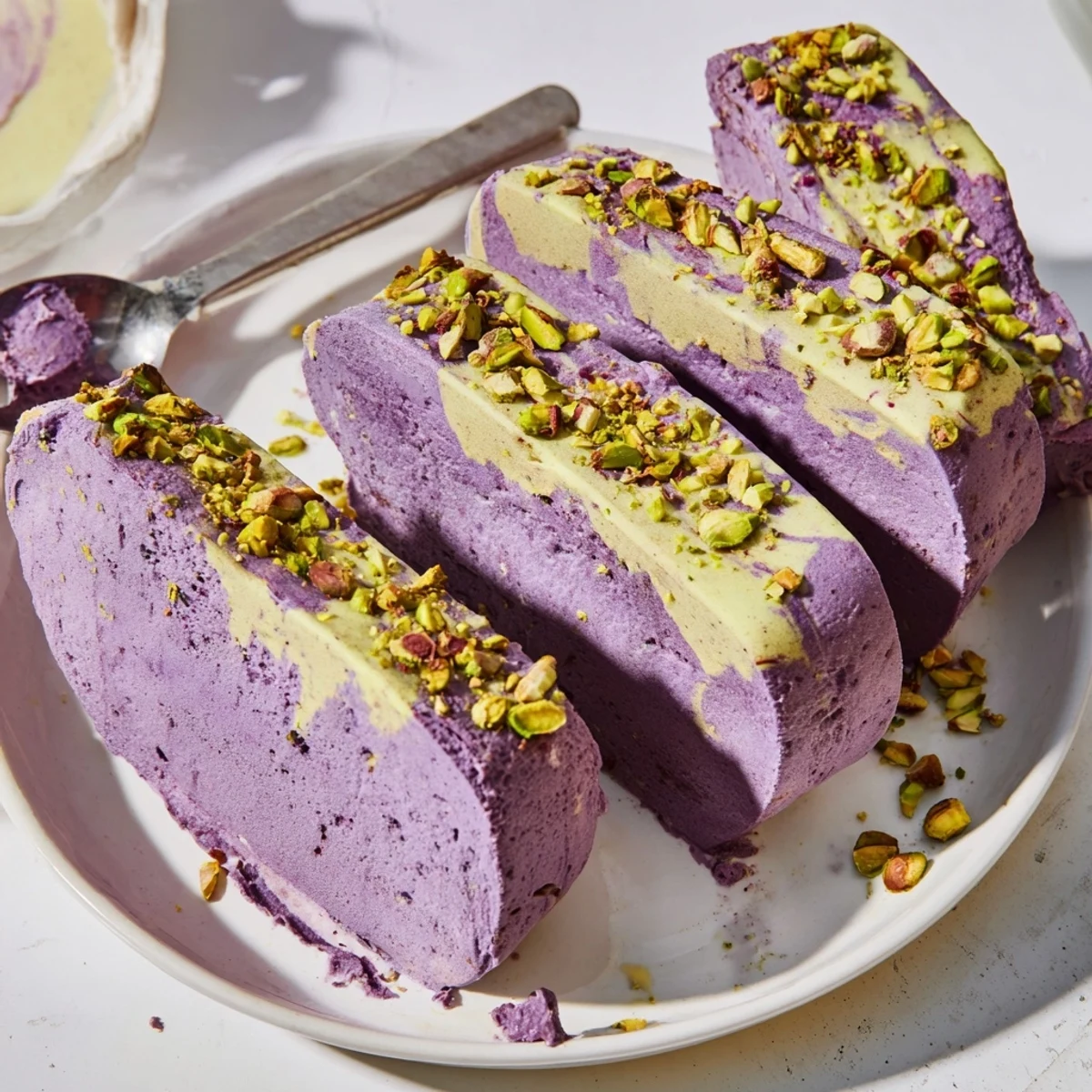 Creamy ube and pistachio ice cream bars, vibrant dessert perfect for summer gatherings.  