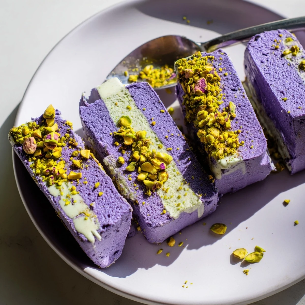 Colorful layers of ube and pistachio ice cream bars, drizzled with condensed milk.  