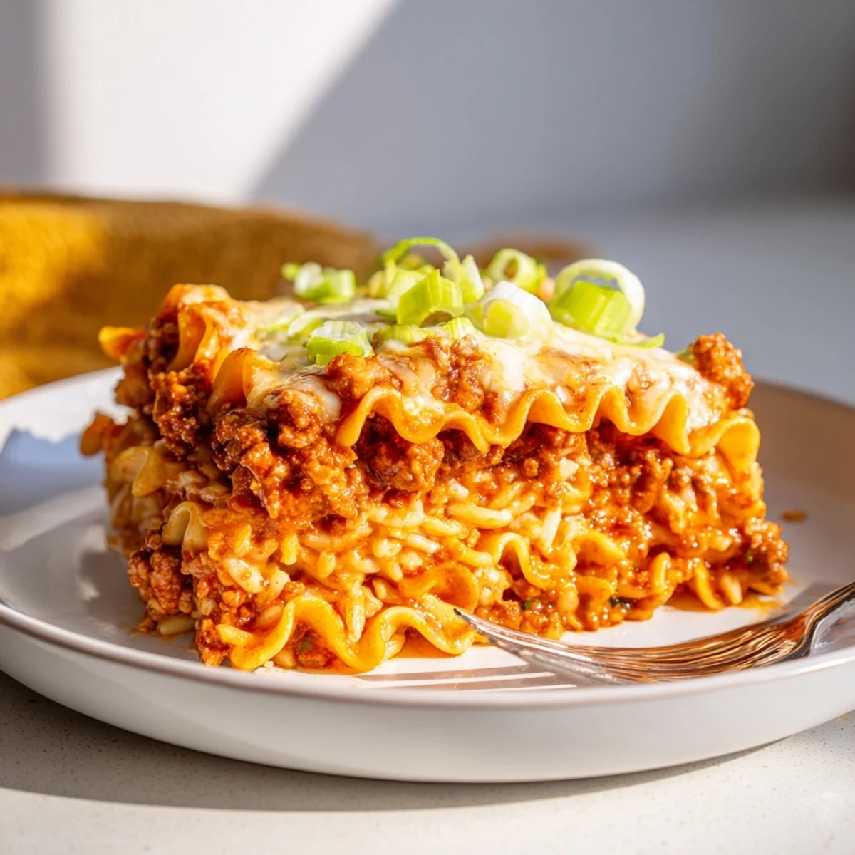 Spicy Ramen Lasagna layers fragrant pork, tangy sauce, and melty cheese for comfort.  