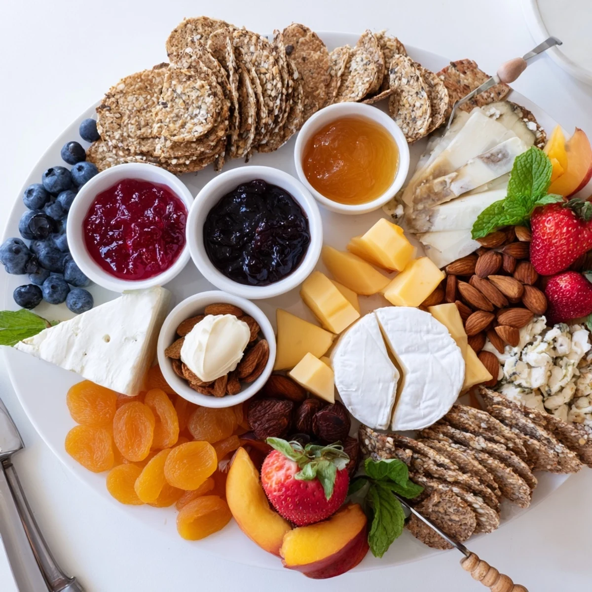 A colorful jam-infused brunch board showcasing vibrant fruits, cheeses, and artisan breads.  