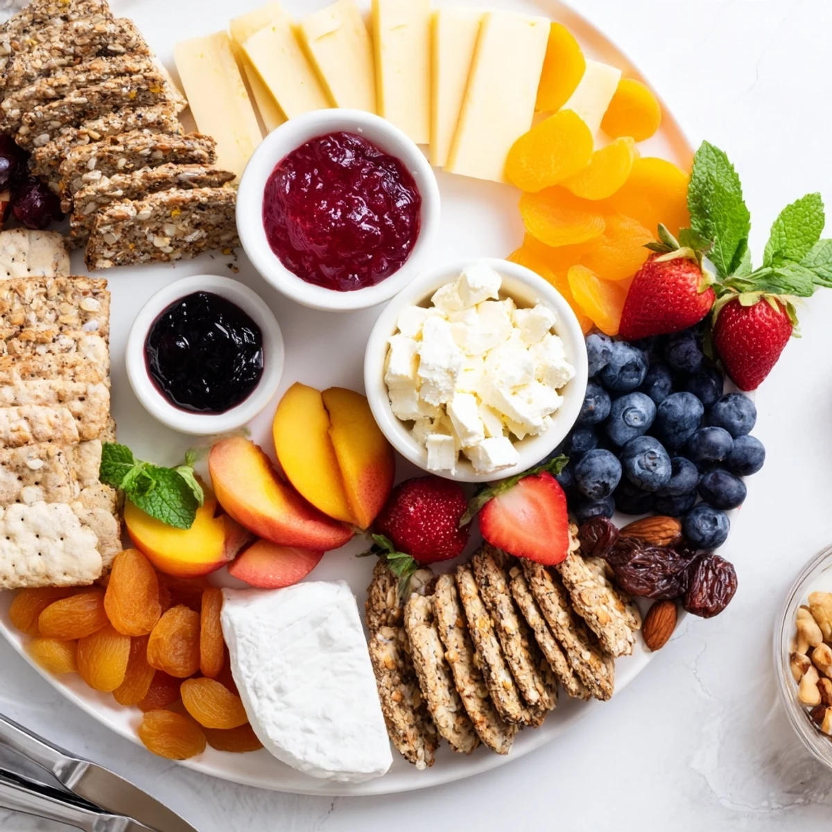 Delightful jam-infused brunch board featuring assorted cheeses, fresh fruit, and crunchy crackers.  