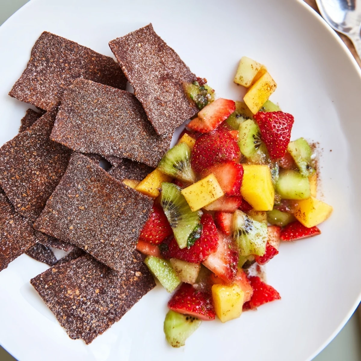 Crispy dessert chips and vibrant fruit salsa create a sweet party treat experience.