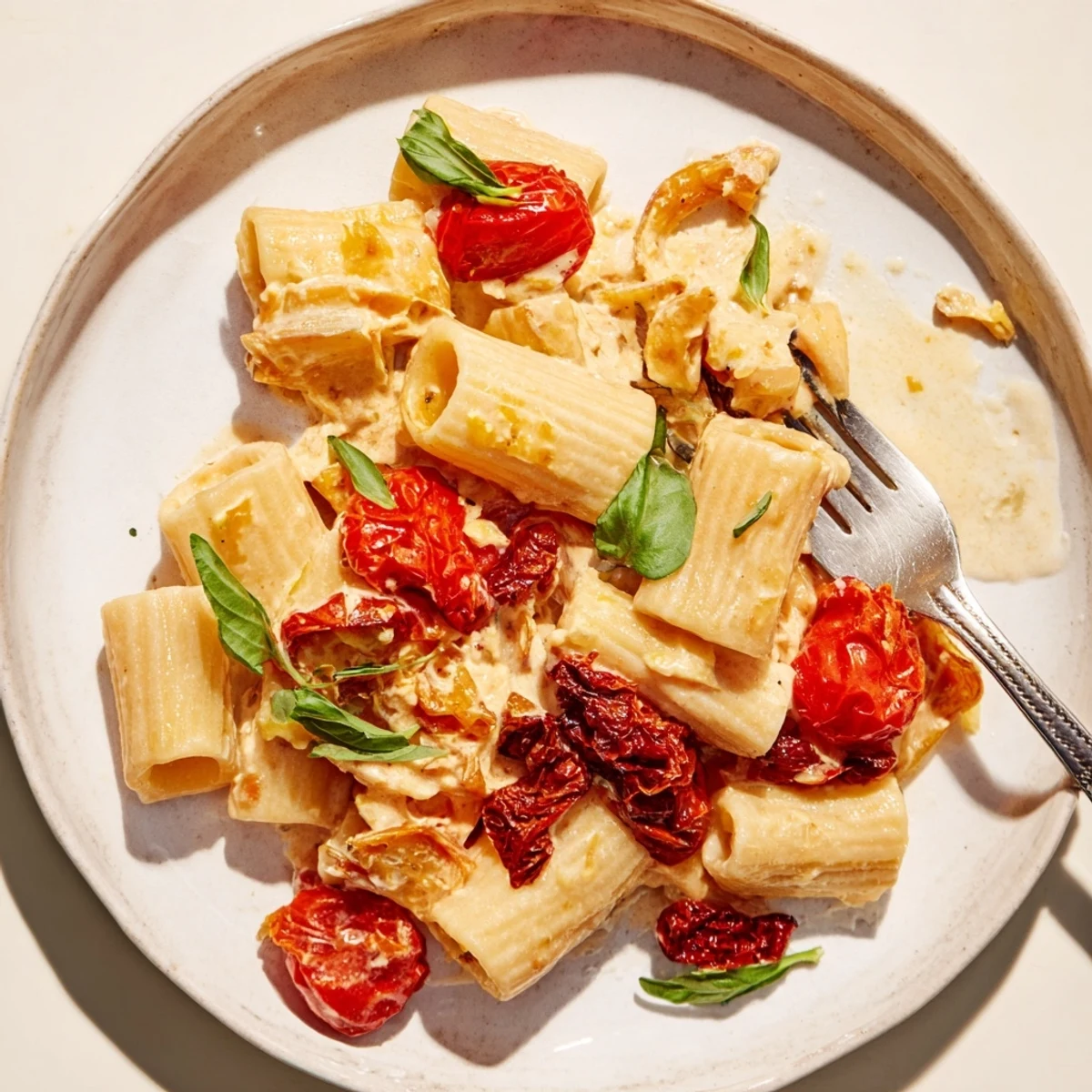Delicious Baked Feta Pasta garnished with fresh basil for an easy weeknight meal.