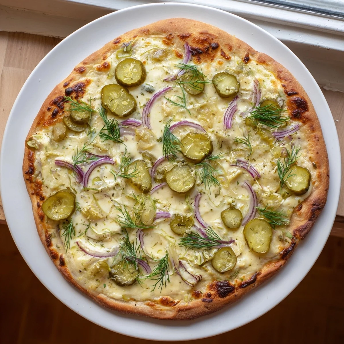 Creamy pickle pizza topped with mozzarella and crunchy dill creates a flavor explosion.