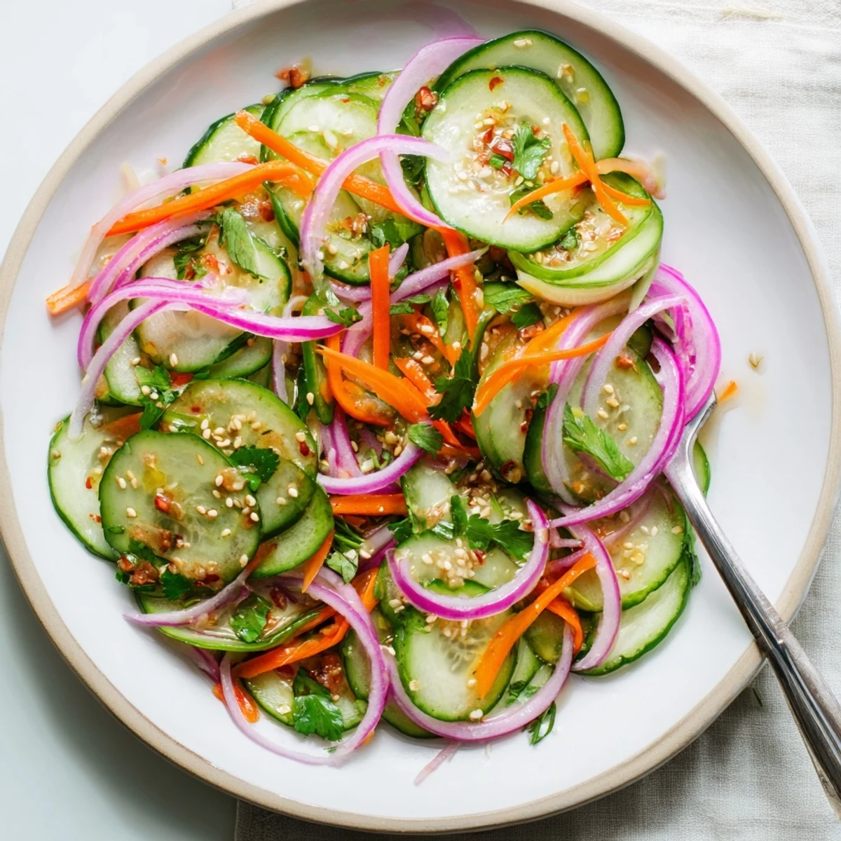 Refreshing cucumber salad remix with sesame oil, ideal as a light appetizer.  
