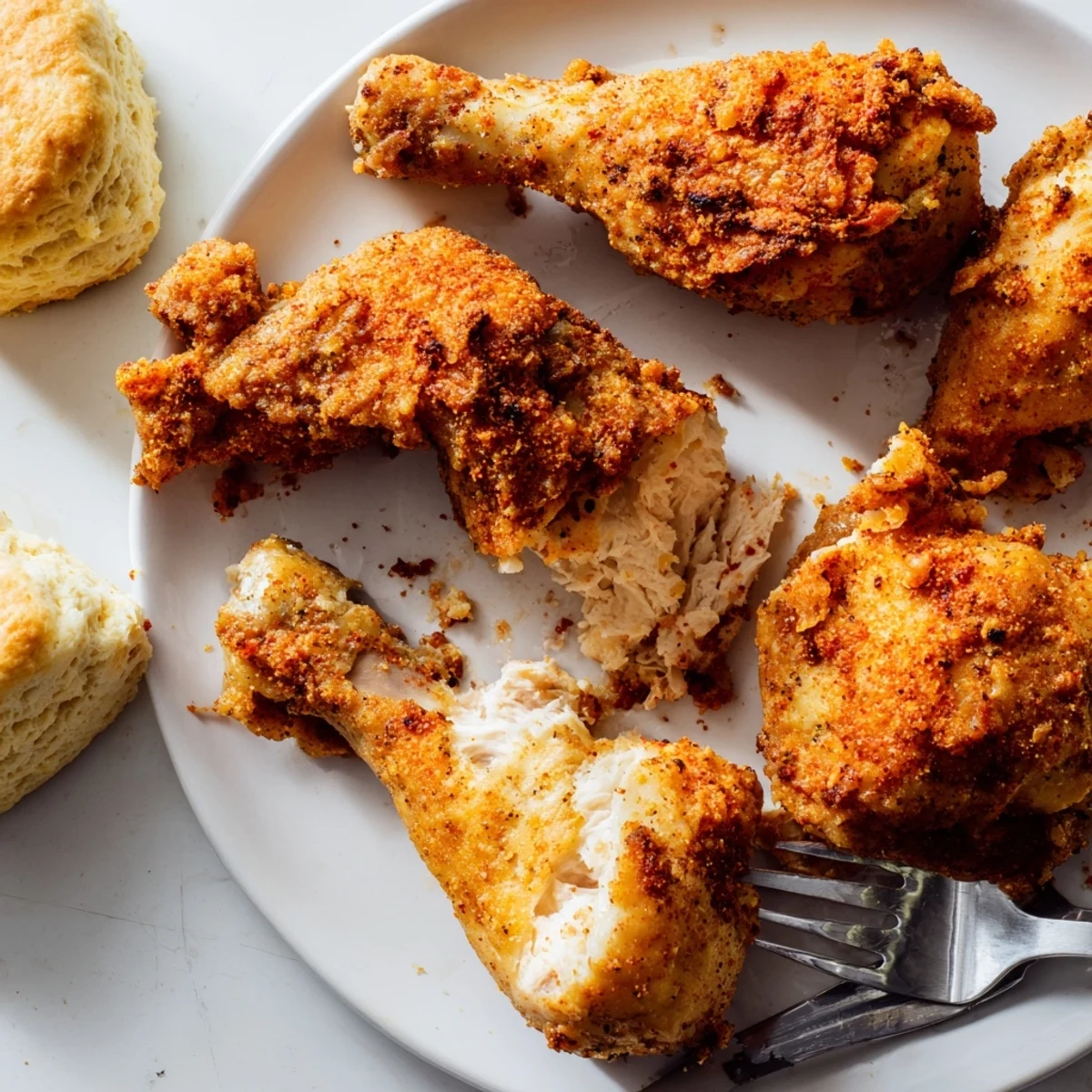 Crispy Southern Fried Chicken served with fluffy buttermilk biscuits and drizzled honey.