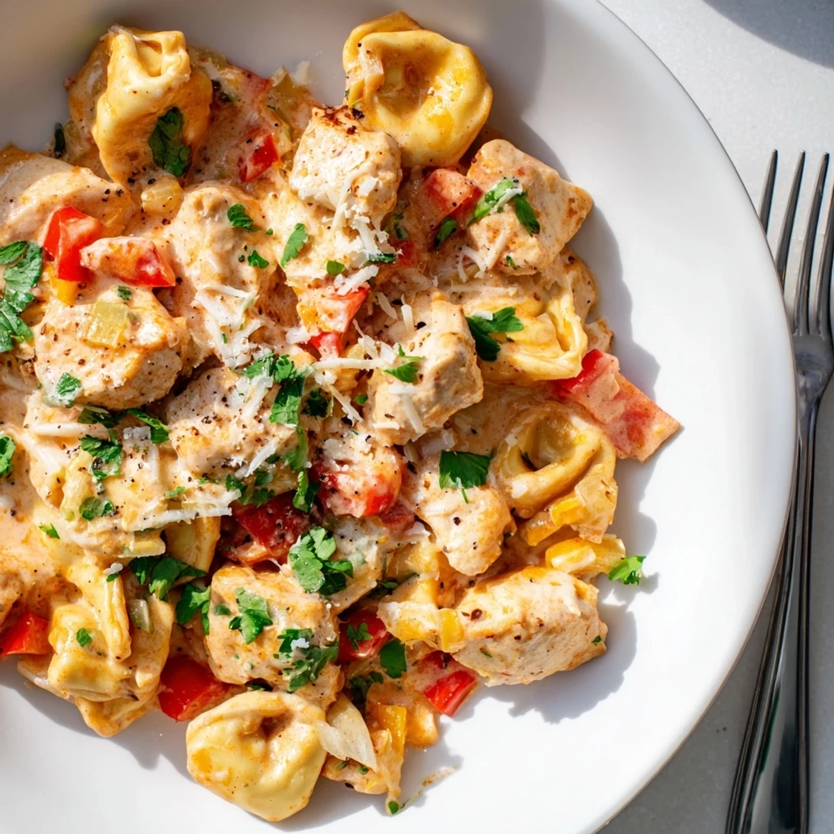 Zesty Cajun Garlic Parmesan Chicken Tortellini in a creamy sauce garnished with fresh parsley.  