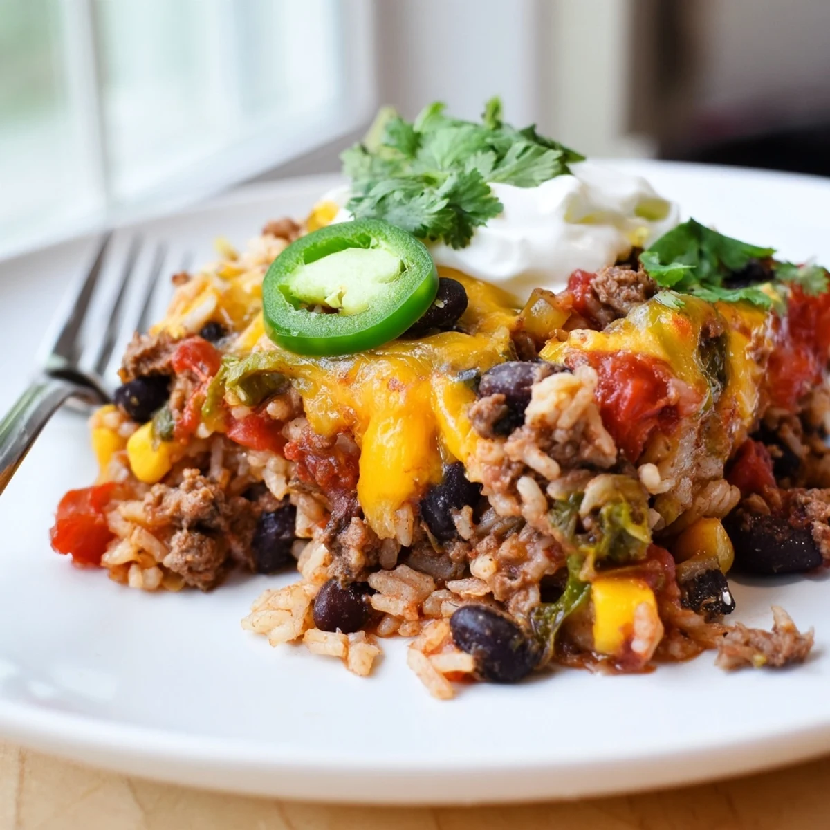 Hearty Tex-Mex Beef & Rice Casserole topped with gooey melted cheese and fresh garnishes.  