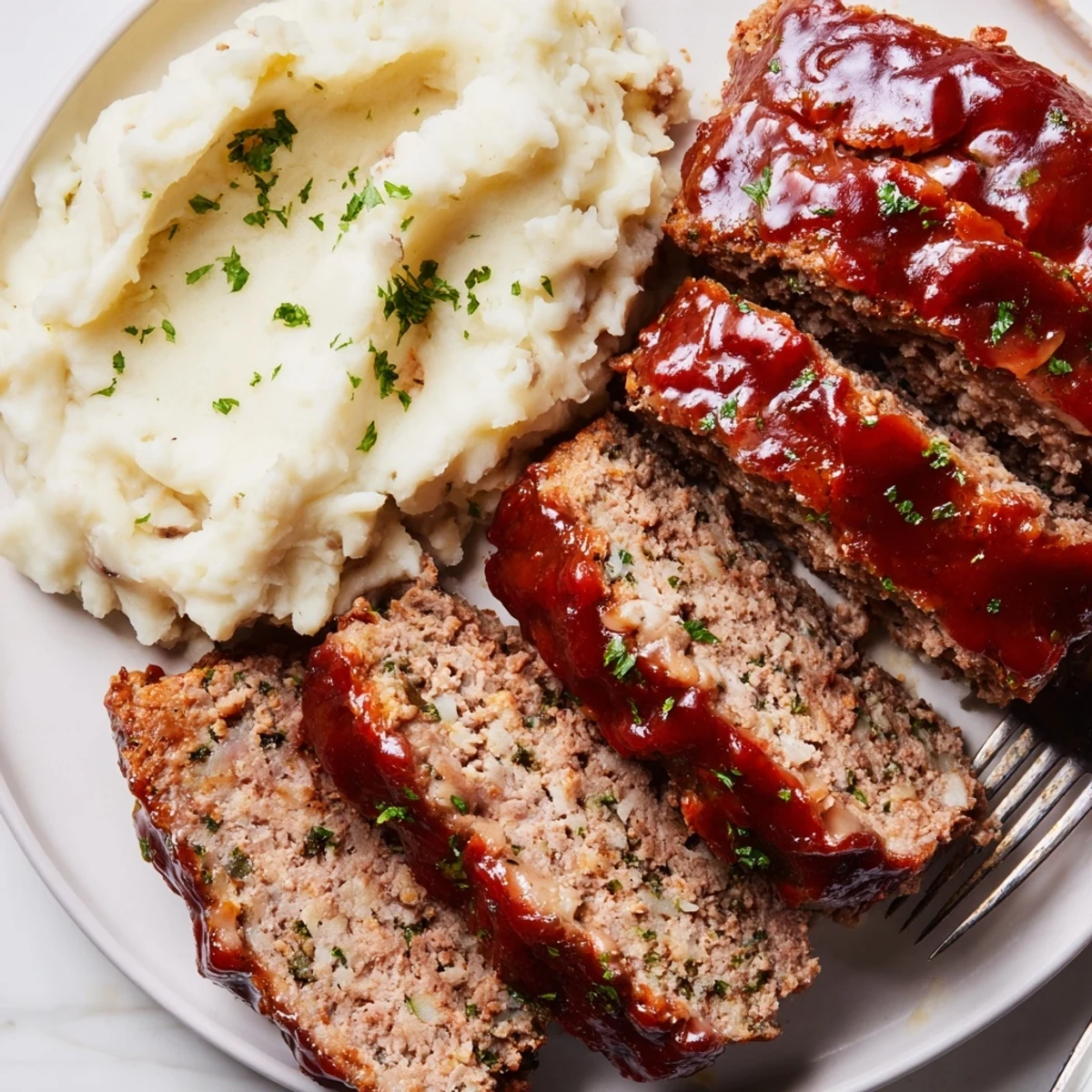 Classic meatloaf and mashed potatoes served steaming with rich, savory gravy.  