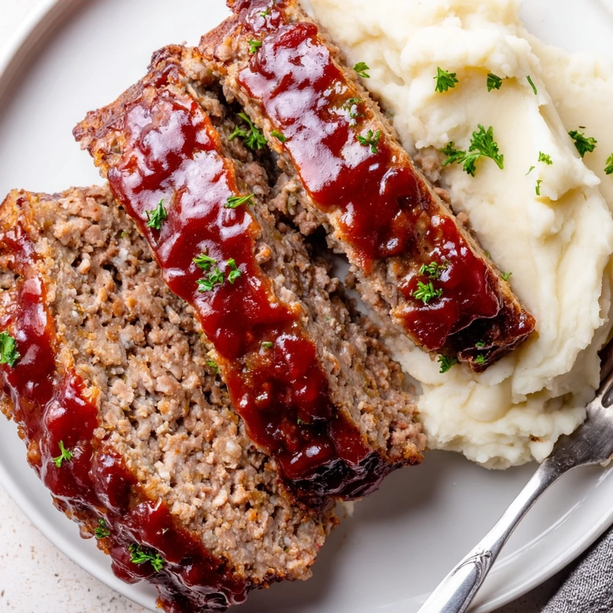Golden mashed potatoes with buttery cream pair perfectly with classic meatloaf slices.  
