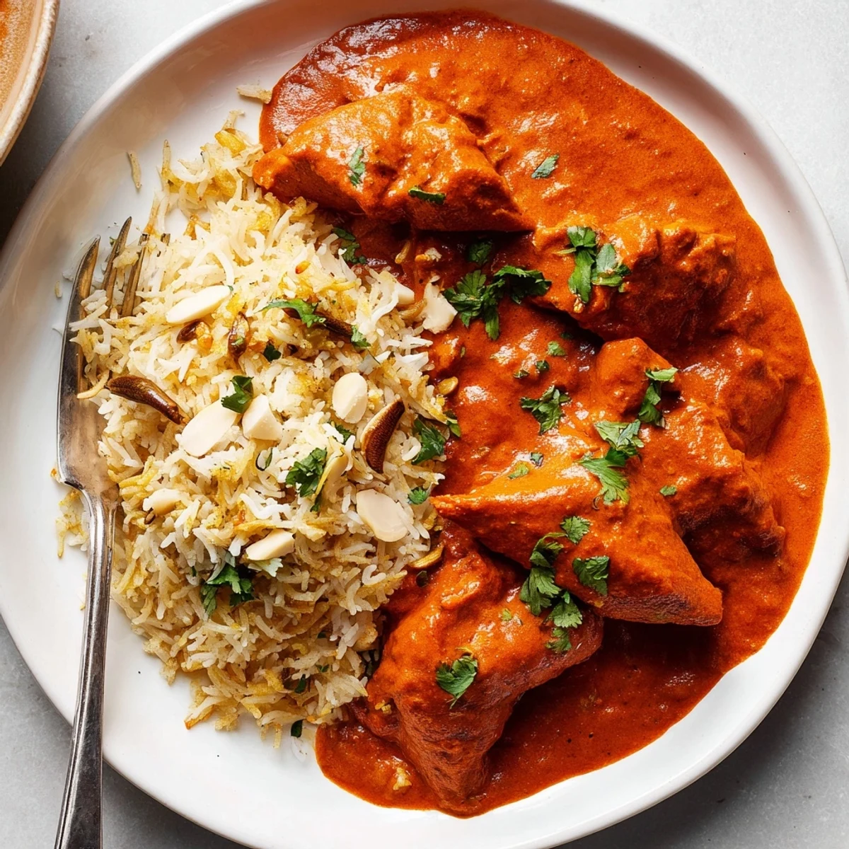 Rich, creamy Butter Chicken & Rice Pilaf served with fragrant basmati rice.  