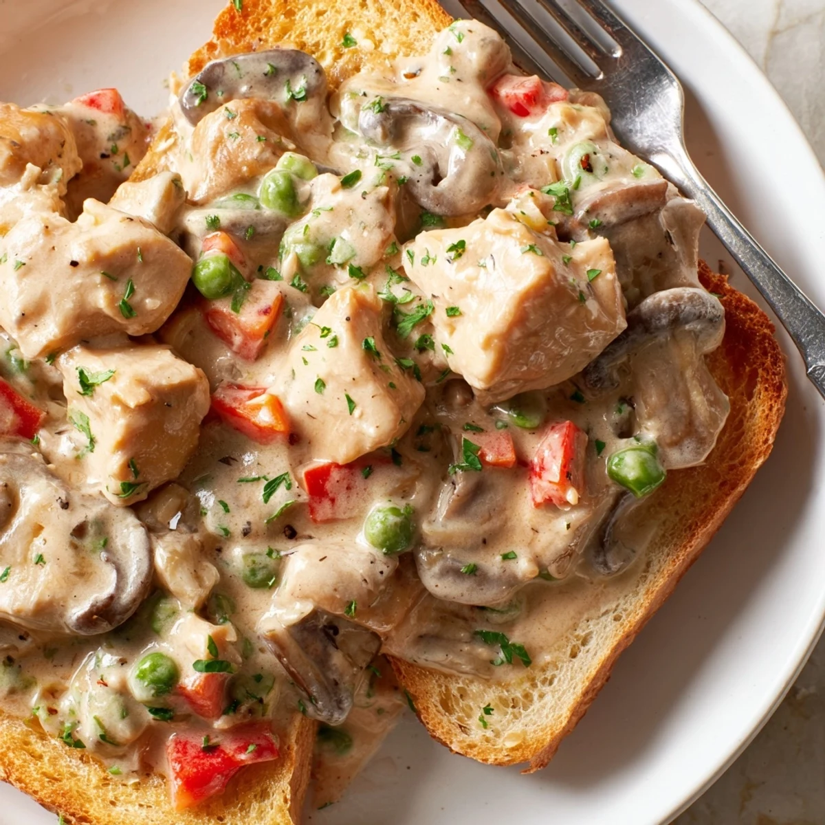 Creamy Chicken à la King served over golden buttered toast for a comforting dinner.