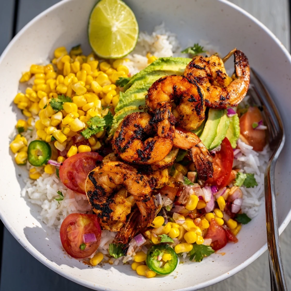 Delicious Easy Grilled Shrimp Bowl with Avocado Corn Salsa, bursting with fresh summer flavors.  