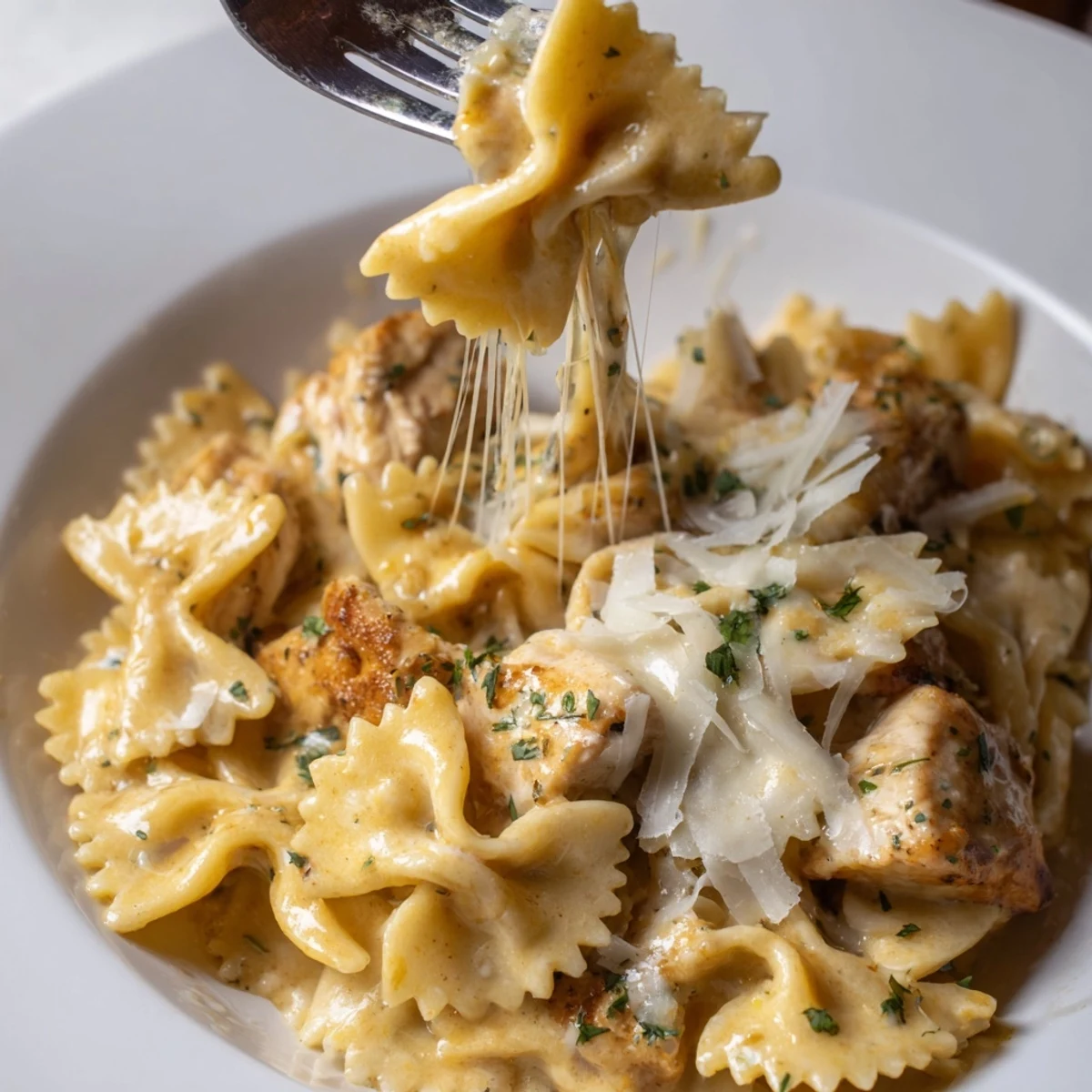 Creamy Mozzarella Garlic Butter Chicken Bowties topped with melted cheese and fresh parsley.
