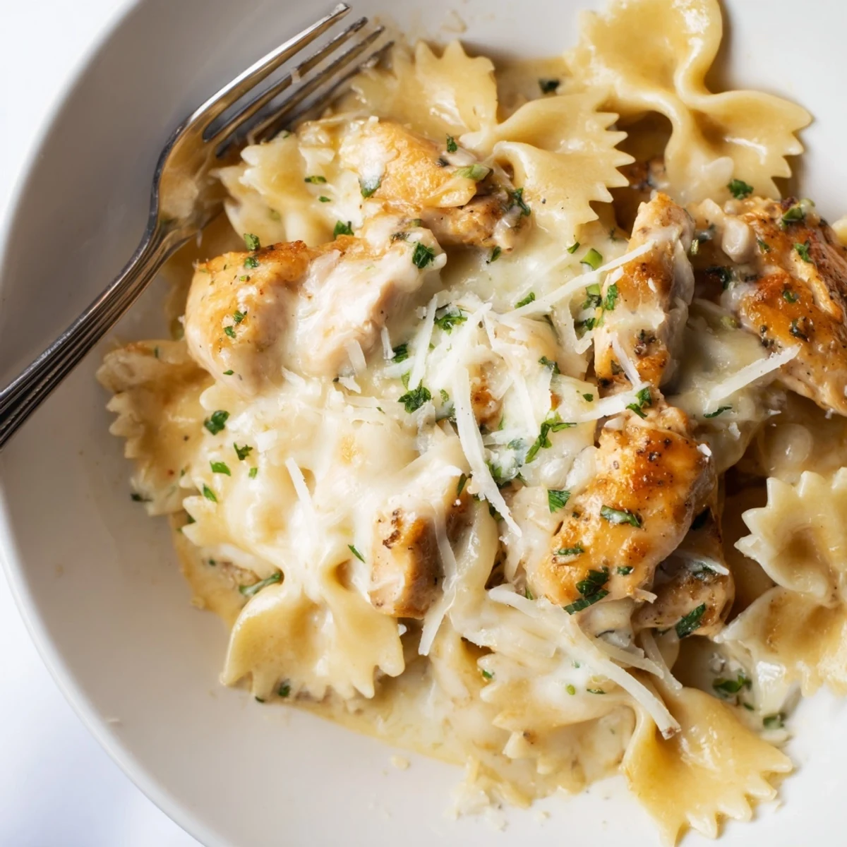 Savory bowtie pasta and chicken enveloped in a rich garlic butter sauce delight.